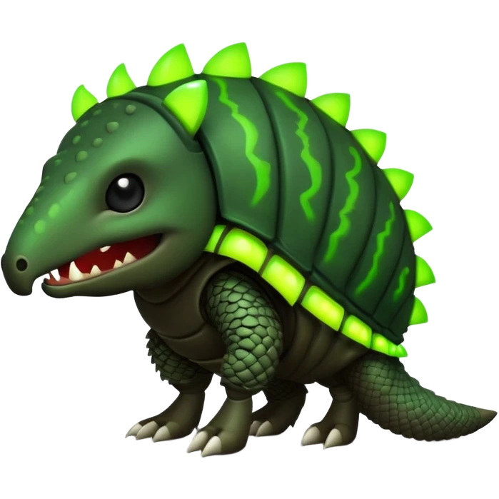 Biohazard armadillo. has black skin and a dark, segmented shell, with the middle sections of each segment glowing in a toxic lime green. The armadillo's face has a twisted, evil grin. His eyes are wide and intense, glowing in the same toxic green. emoji