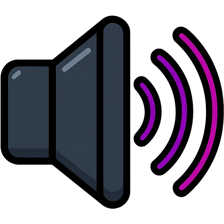 altavoz con ondas de sonido, metal oscuro elegante, ondas en degradado púrpura a rosa con efecto de neón, efecto animado de ondas pulsantes emoji