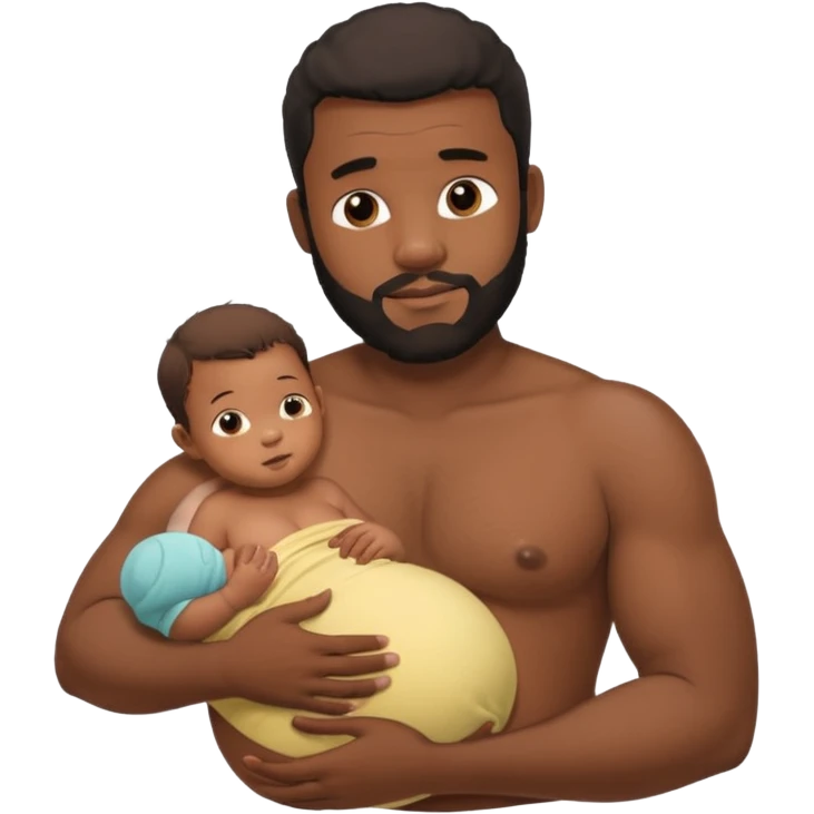 A shirtless pregnant burly black man breastfeeding his baby,  thd baby is suckling on his nipple emoji