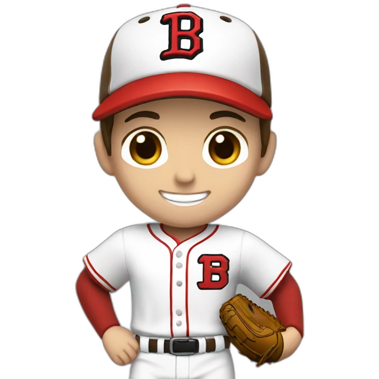 Boy baseball player, white skin, short brown hair, smiling. Red cap with a T as its logo, white uniform with red details. emoji