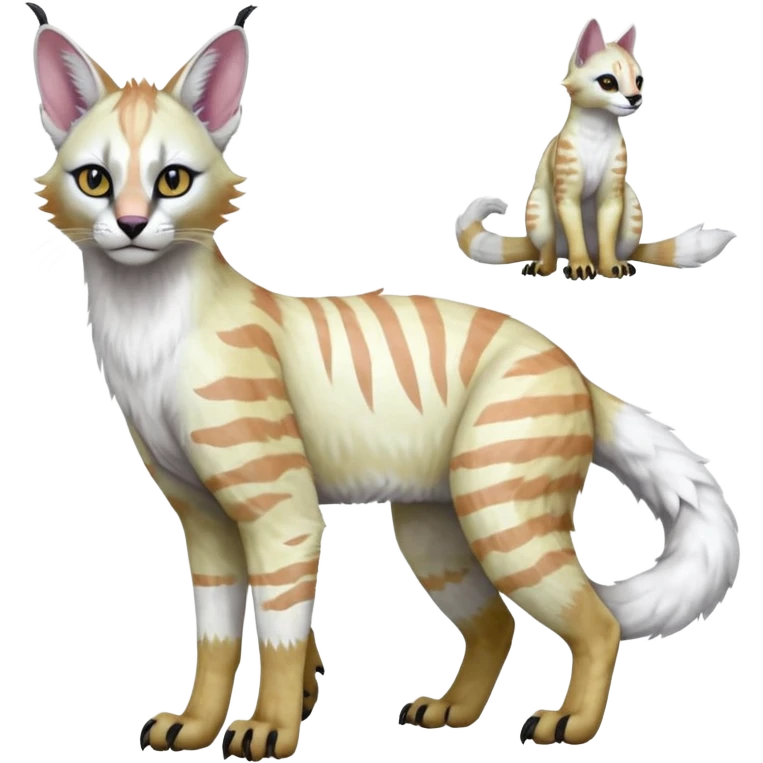 Realistic Colorful pale light fruity pastel white glorious iridescent exotic albino neon vibrant zigzagged fantasy-caracal-civet-genet-sergal-vernid-Gryphon-Cacomistle-Trico-oncilla-animal-Fakémon-hybrid-fursona (full body), facial markings, (realism style) emoji