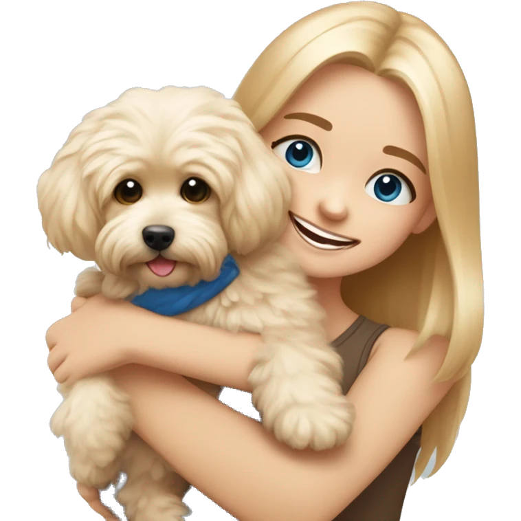 New year mood Blonde girl with very long straight hair and blue eyes is hugging a small caramel maltipoo and the dog is smiling  emoji