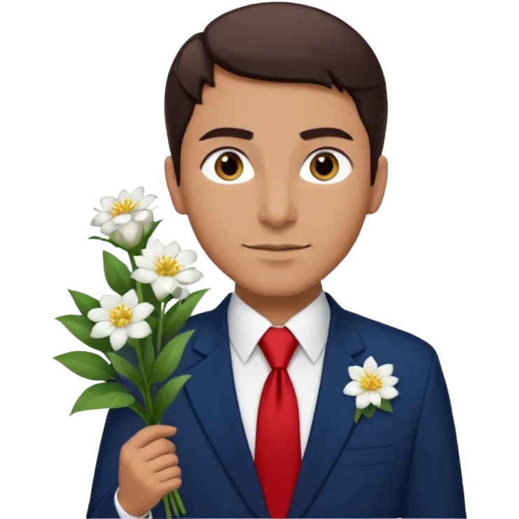Homme avec bouquet fleurs blanches, avec uniforme bleu foncé cravate rouge, arabe raie sur le coté, brun un peu bronzé et yeux marrons  emoji