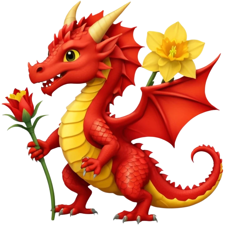 Red Welsh dragon holding a daffodil emoji