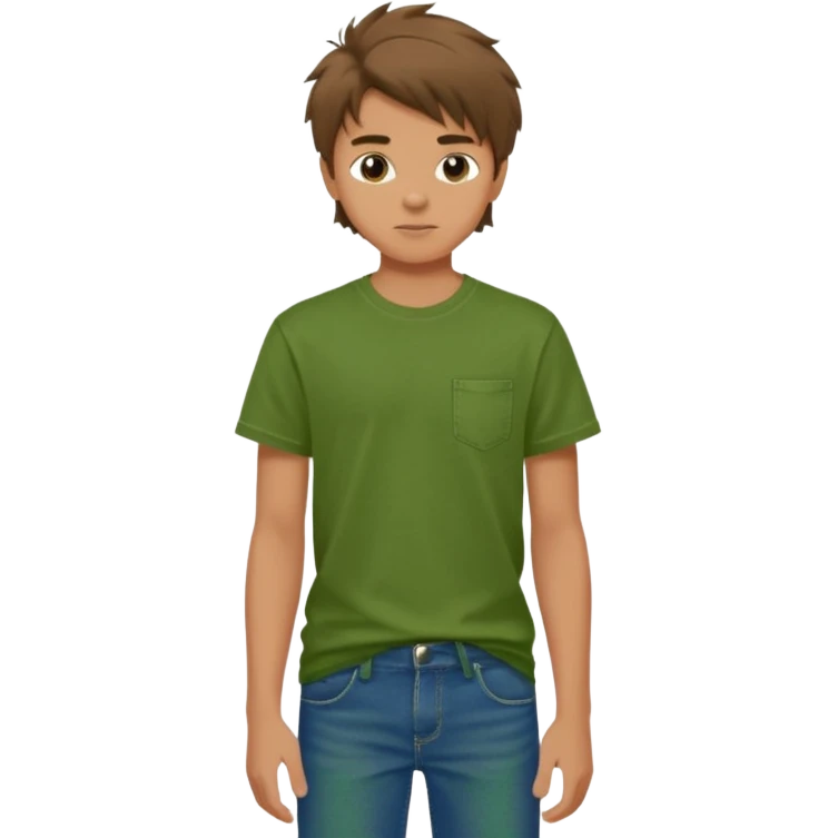 A 14 yerar old teenage boy, slightly tanned, wearing a green tshirt, blue jeans and green sneakers with brown tousled hair emoji