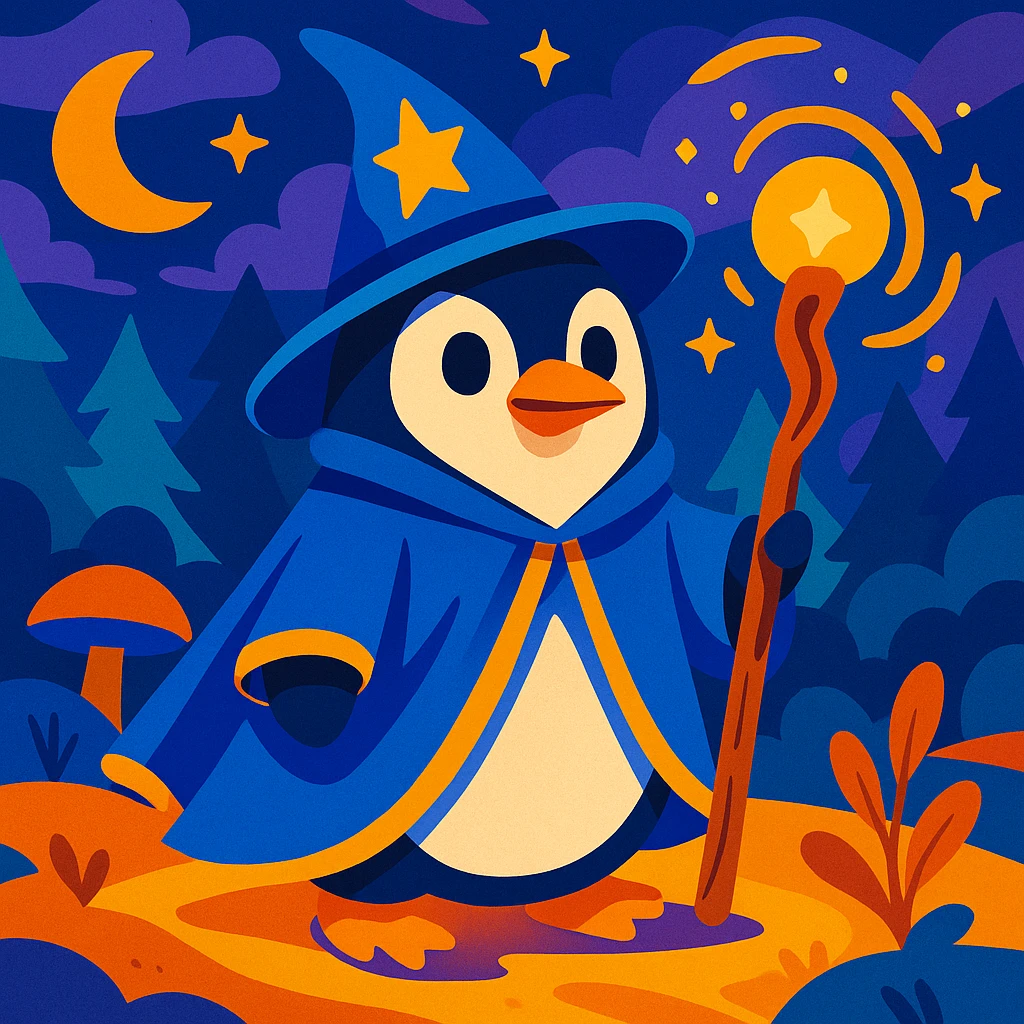 a penguin dressed as a wizard, wearing a pointed hat and holding a magic staff, in a magical setting, vibrant and whimsical style emoji