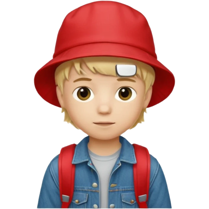 A little boy student, blonde hair, with red bucket hat, jean jacket, backpack emoji
