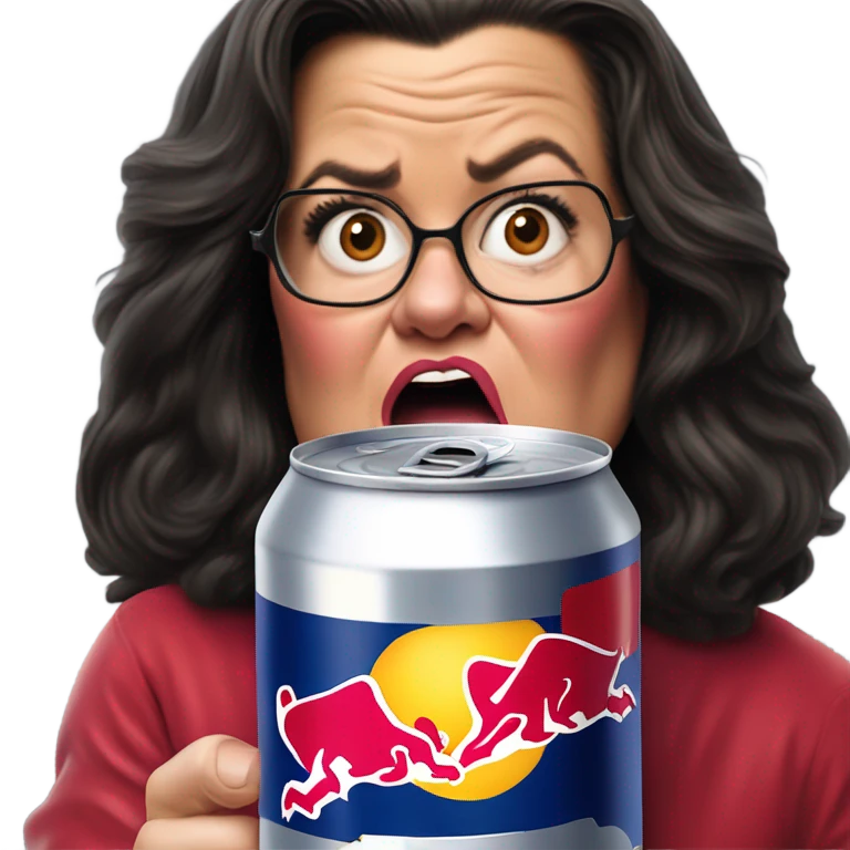 Photo realistic, Rosie O’Donnell drinking Red Bull emoji