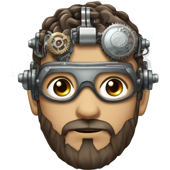 male cyborg head with brown short hair, brown beard, silver steampunk goggles and circuitry emoji