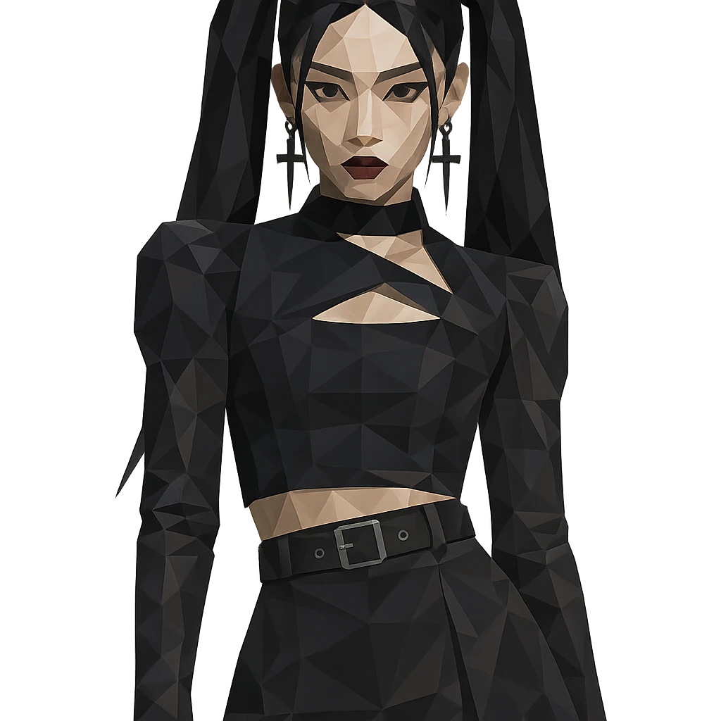 K-pop inspired gothic girl, polygonal style, geometric shapes, dark color palette, stylish stage outfit emoji