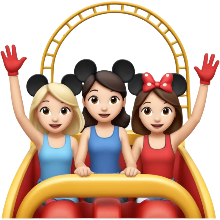 4 chicas montadas en una atraccion de levantando la mano con orejas de Disney puestas en una atracción emoji
