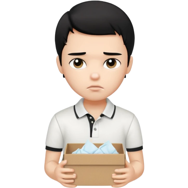 generate a pretty bratz boy with black hair, wearing a white polo shirt. Looking sad, holding a box of tissues emoji