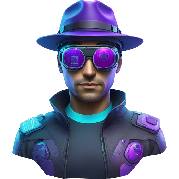 Secret human agent in a hat with  cyberpunk elements in Apple VR googles headset scanning looking reviewing multicolor lines of code, cyan and purple colors, only upper body portrait emoji