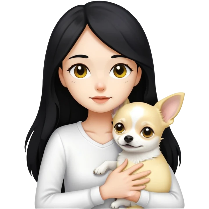 Fair skin girl - long black hair - white clothes - hugging a black, yellow and white Chihuahua emoji