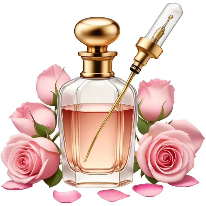 A vintage perfume bottle with a golden atomizer, surrounded by soft pink rose petals. emoji