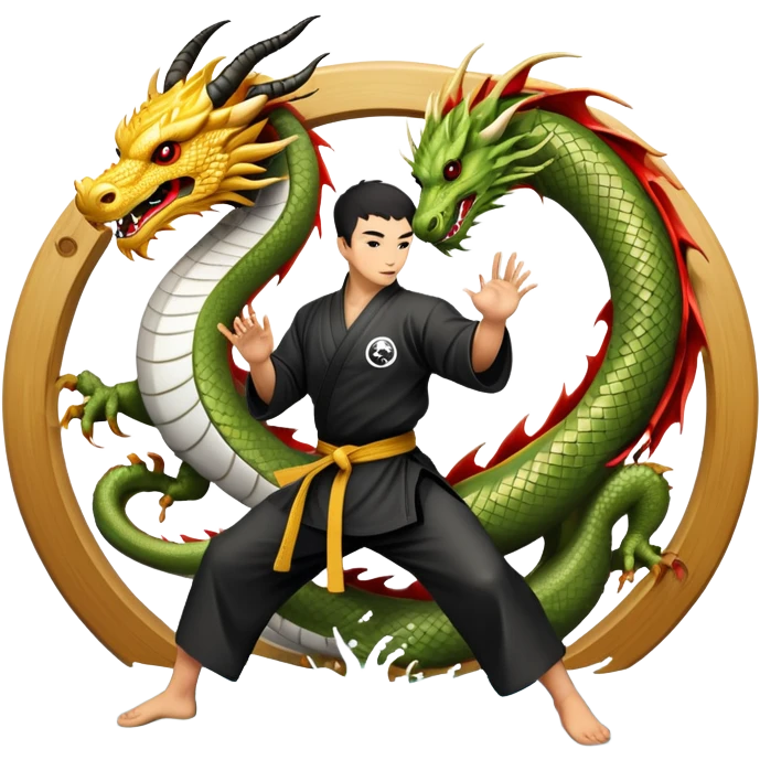 An icon symbolizing Eastern martial arts in the style of an emblem, featuring a black-and-white Yin-Yang symbol and a dragon at the center. A martial artist is performing a fluid kick, surrounded by elements like a dojo and bamboo. Transparent background highlights balance and power. emoji