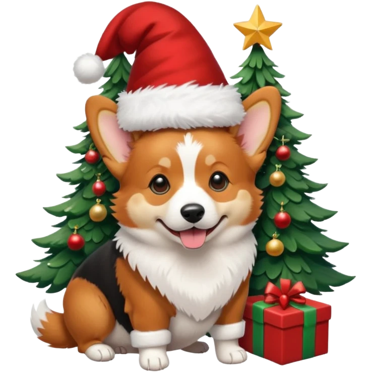 tricolor (black and red head) corgi with santa hat on and christmas tree near emoji