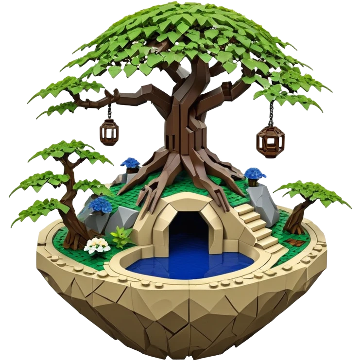 Alien Lego spacecraft hanging jungle-vines mountain-island landscape antique mudman very old broken cracked intricate Stone Age rocky-crusted irregular dodecagon-shaped shallow dark moss rough bark blue willow flowered maple tree bonsai pot emoji