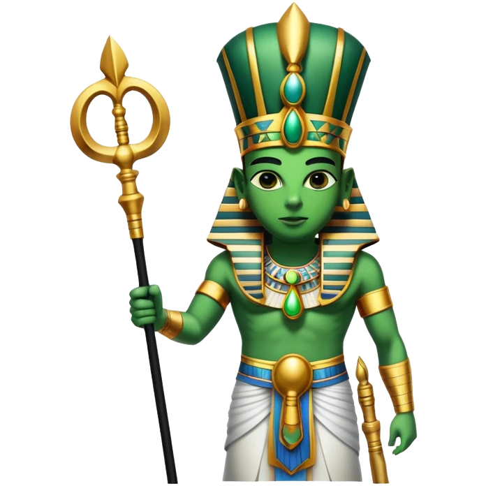 Ancient Egyptian god Osiris with green skin, Atef crown, and holding crook and flail emoji