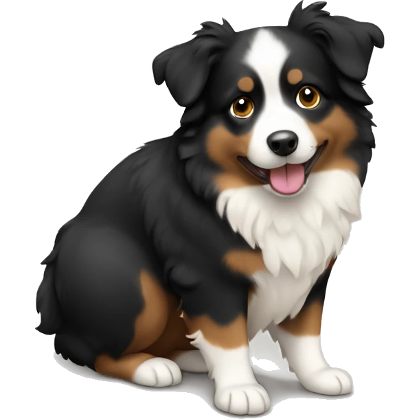 Chubby mini Aussie that is mostly black but has a little white and tan emoji
