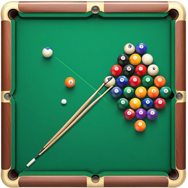 A close-up of a billiard table with a cue stick lined up to strike a colorful set of balls. The focus is on the precision of the shot, with the table’s green surface and the triangular arrangement of balls, creating a dynamic scene of strategy and concentration in the game of billiards. emoji