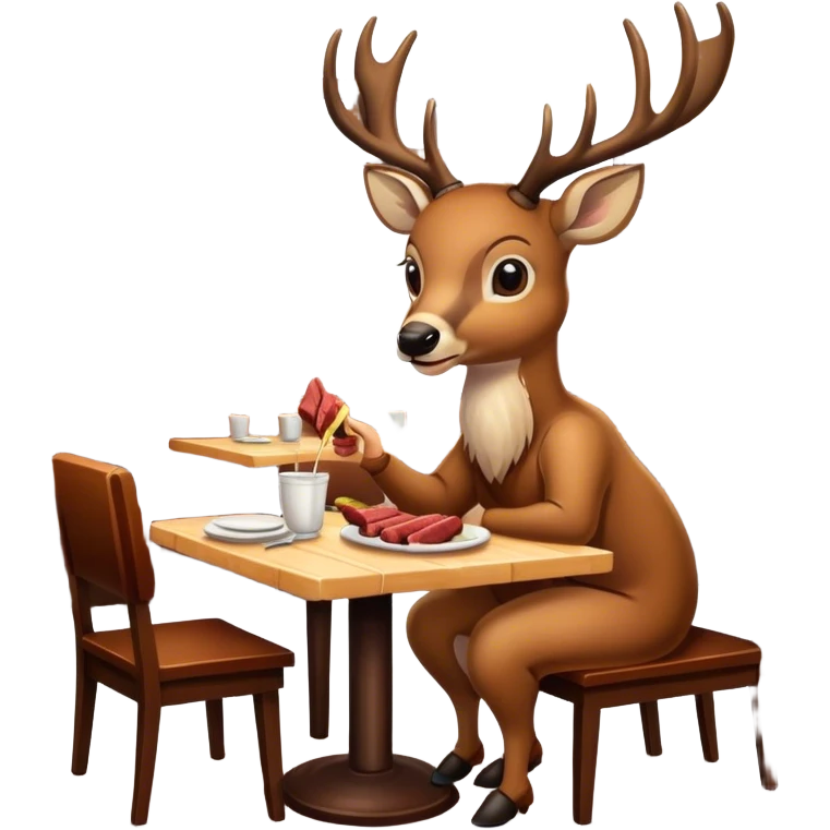 A deer is eating meat in a restaurant. emoji
