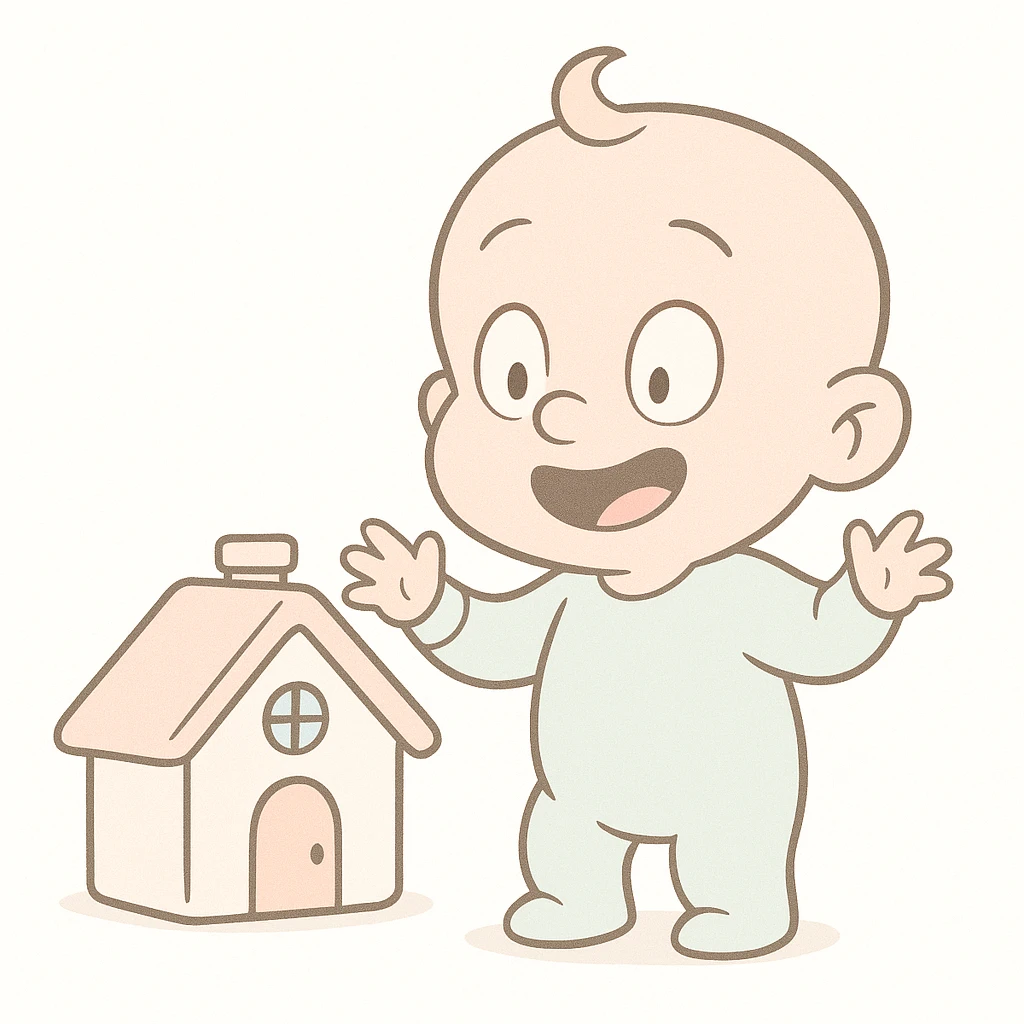 Make the colors softer, using very light pastel tones. Keep the baby house, flat design, round edges, and white background. emoji