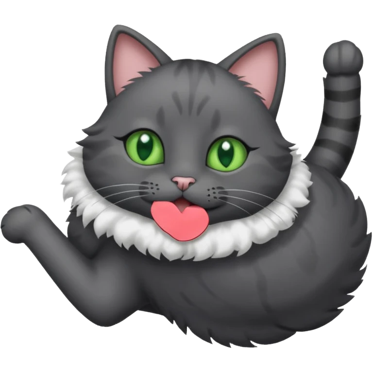 solid dark grey cat with green eyes, white toes/paws playfully rolling upside down emoji