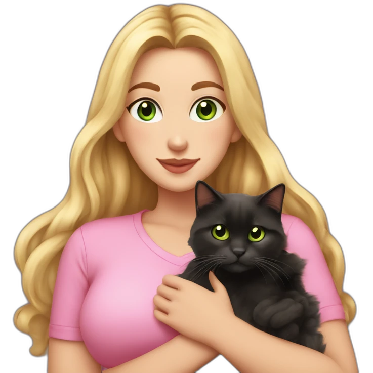 woman with green eyes and long wavy blonde hair and big boobs in a pink shirt is holding a very fluffy and fat black and tortoiseshell cat emoji