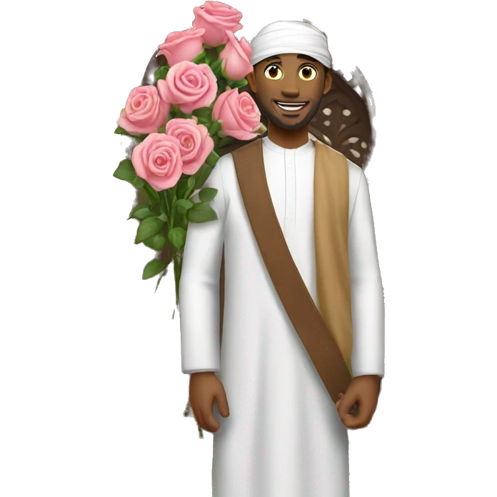 A man entering a mosque with a bunch of roses in his hand emoji