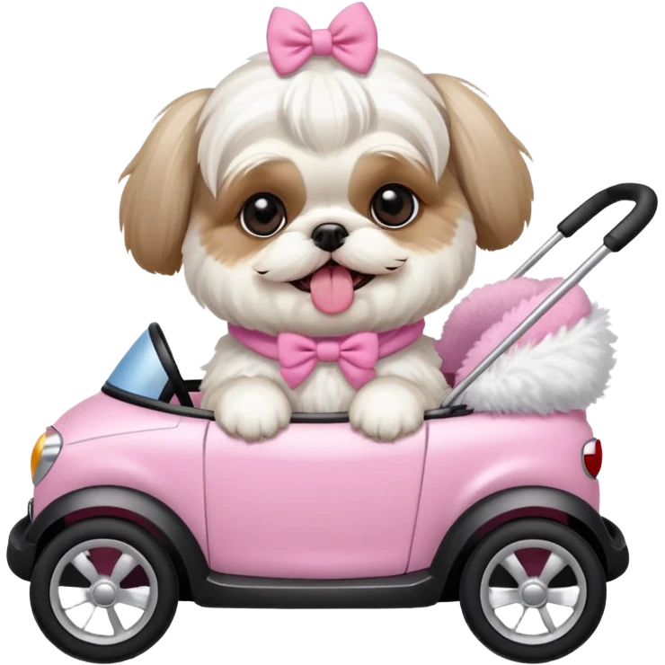 little all white shih tzu with pink bows & sweater tongue sticking out stting in white buggy emoji