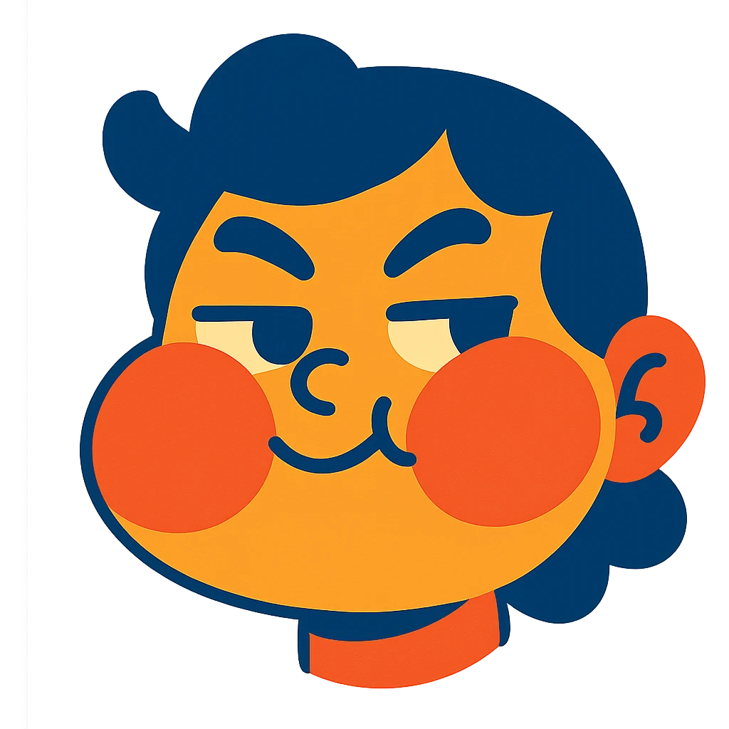 vibrant toon style face with cheeks puffed out, playful smirk, blushing emoji