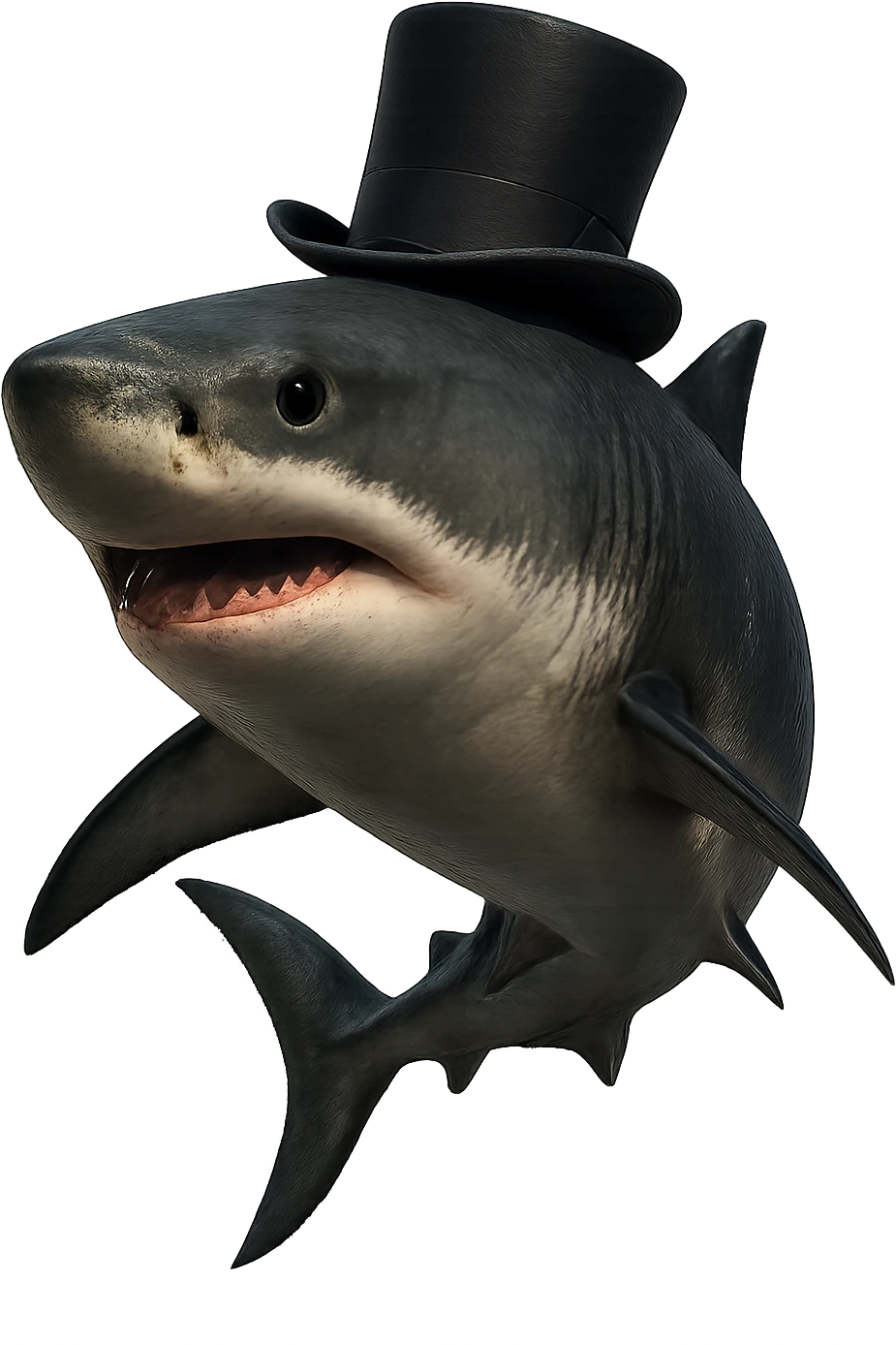 Make this cartoon shark with a black top hat look more realistic with detailed textures, natural shark colors, and realistic lighting. Keep the top hat and remove the background. emoji