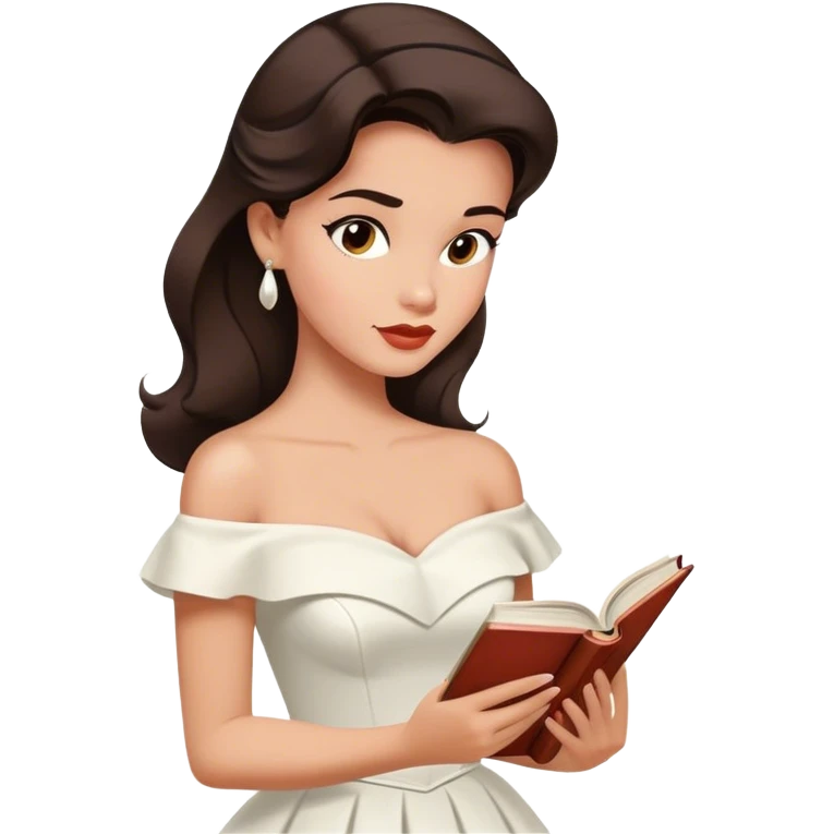 Beautiful woman in 1950’s woman fashion look, off-shoulder white dress, long dark brown hair, reading  emoji