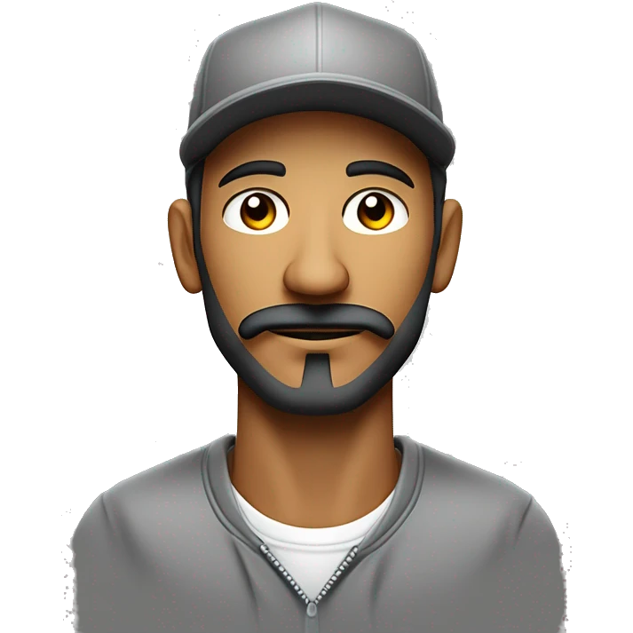 Hombre de piel clara, con ojos claros, barba fina, sin bigote, gorra negra bordada, y sudadera gris. Expresión relajada y estilo urban emoji