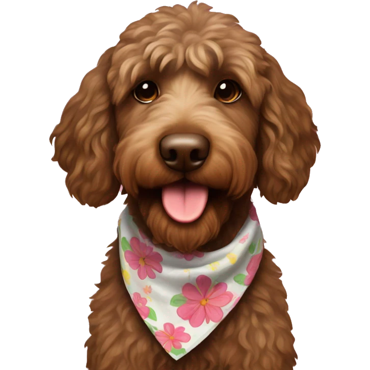 Brown labradoodle with a flower bandana emoji