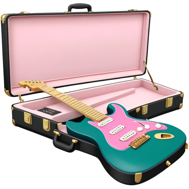 minimalist electric guitar in dark green with pink and blue stripe decal, closed inside a black rectangular hard case with gold latches, flat semi-3D style, soft matte textures, simplified details, stylized decal accent, alternate angle emoji