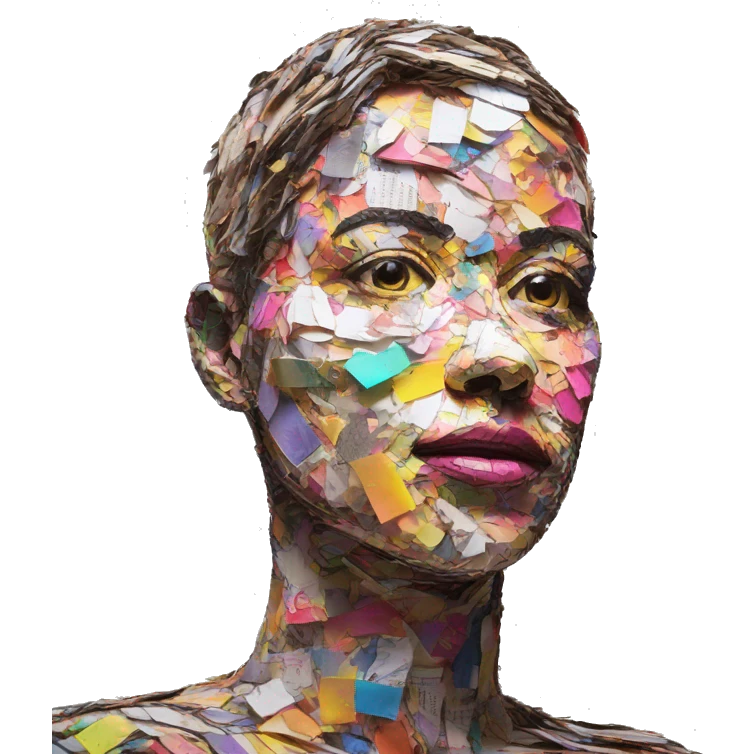 Colourful neon patchwork Person face portrait made entirely of multicoloured torn up magazines  emoji