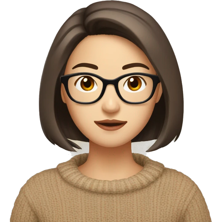 a young pretty asian woman, brown short hair, brown eyes, beige and dark red knit sweater, textured bob, asian,glasses emoji