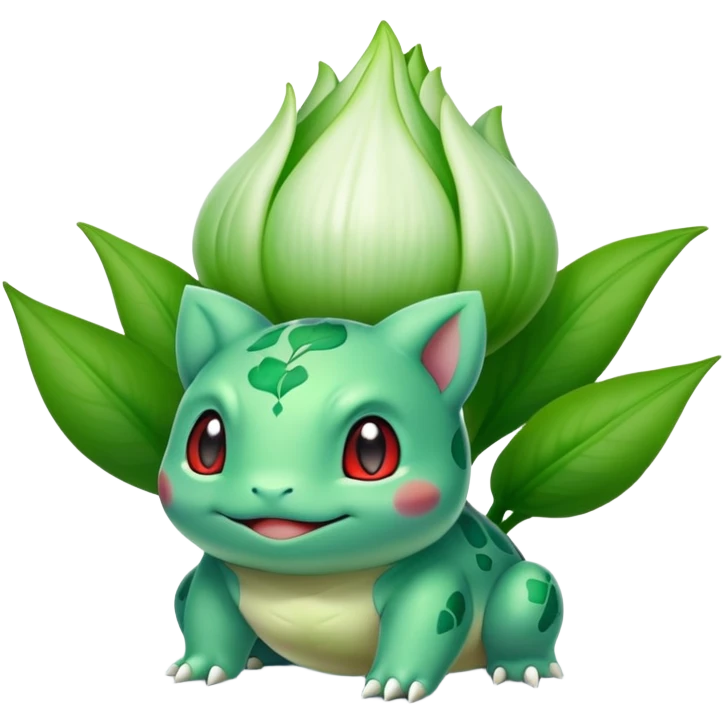 Bulbasaur with a green, unopened plant bulb with layered petals, resembling a lily bud on back emoji