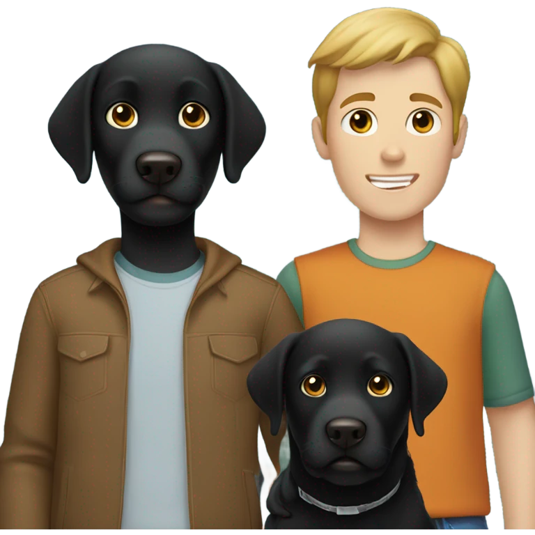 Black Labrador with two Caucasian teenage boys both boys have brown hair  emoji