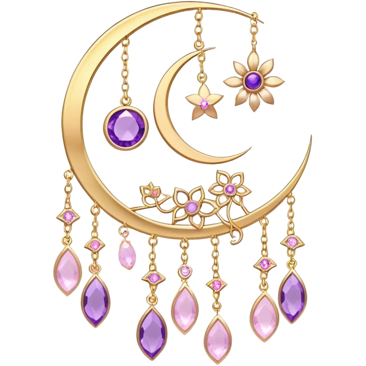 Epic beautiful gorgeous cute gold suncatcher, threads with shiny sparkly amethyst and rose-quartz gemstones, flowers, crescents-moons emoji