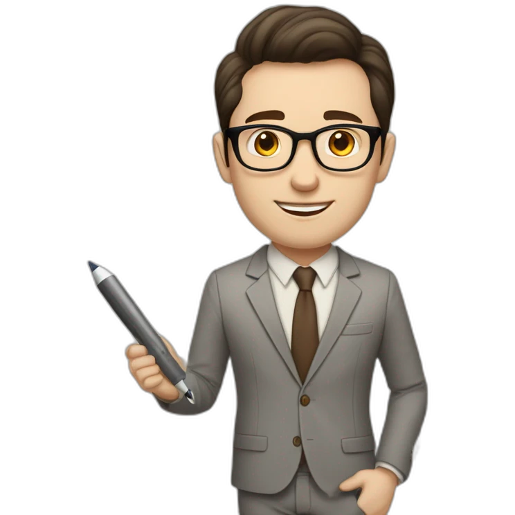 Pale skinned fit man with dark brown hair in gray jacket, beige office shirt, brown tie, brown pants and vintage glasses Writing text on a marker board emoji