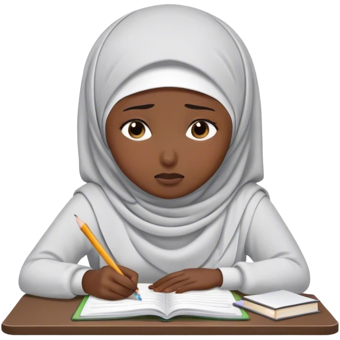 hijabi student doing homework looking stressed, suffering and crying emoji