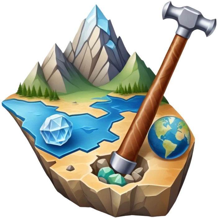 An icon featuring a rock hammer, a fossil, and a geological map, symbolizing geology. The design includes layers of the Earth, a crystal, and a mountain range, representing the study of Earth's structure, materials, and natural processes. Transparent background highlights geological research emoji