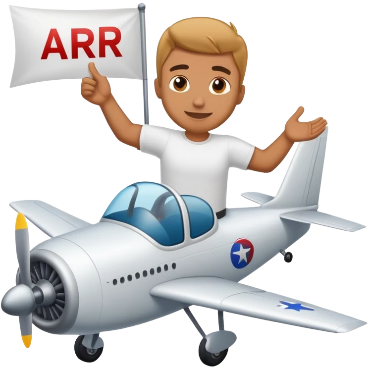 Man in white t shirt flying plane with banner that says ARR behind the plane emoji