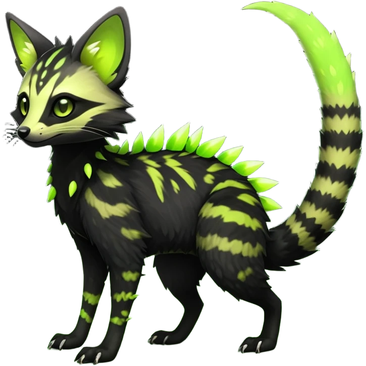Rare realistic black edgy toxic radioactive-themed black fur with neon-lime-green-glowing  epic handsome gorgeous aesthetic vibrant Vernid-Trico-Genet-species-hybrid-Fakemon-creature by LiLaiRa, 4 legs, 1 tail, random markings, (full body) with tiny spikes on tail emoji