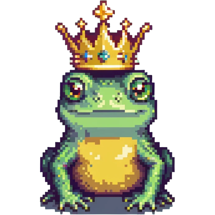 pixel art crowned frog, simple and colorful, cute frog king with a crown, 8-bit style, retro game style, green frog wearing a golden crown emoji