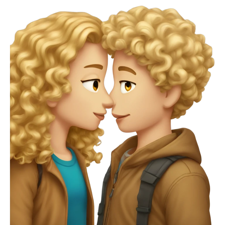 A curly blond boy kisses a curly girl with brown hair emoji