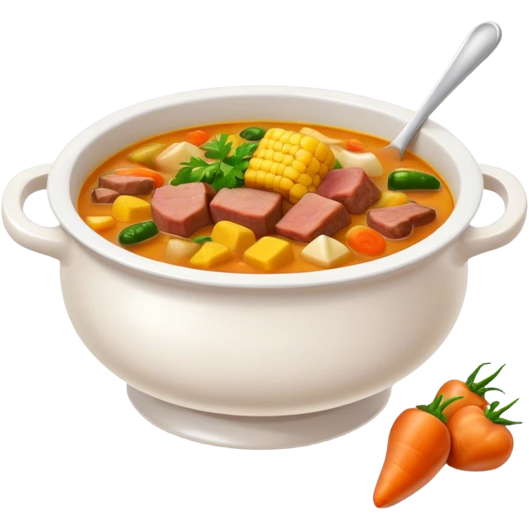 Cinematic Realistic Sancocho Soup Dish Emoji, featuring a rich, hearty stew with diverse meats and vegetables rendered with lifelike detail and warm, comforting lighting. emoji